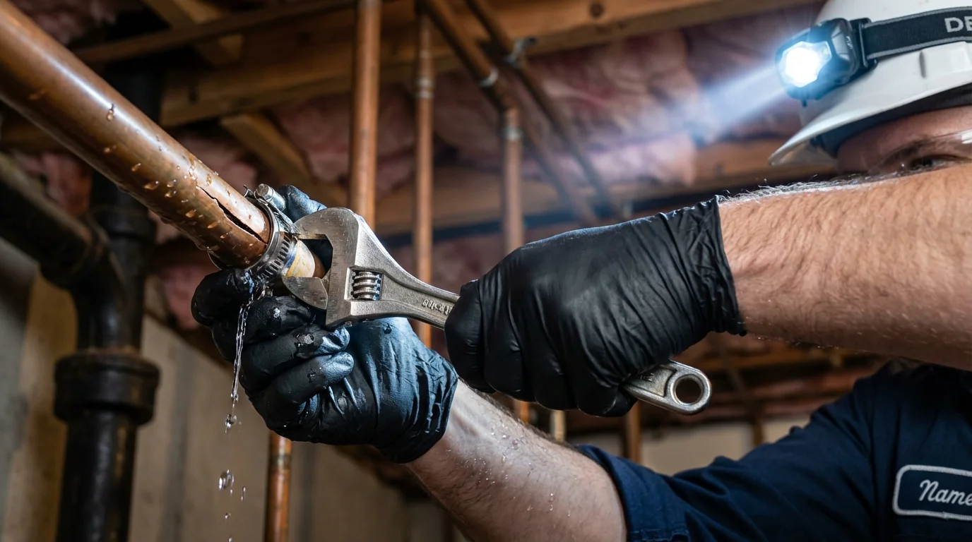 Emergency pipe clamp repair being performed by a Johns Plumbing LLC plumber in Mapleton
