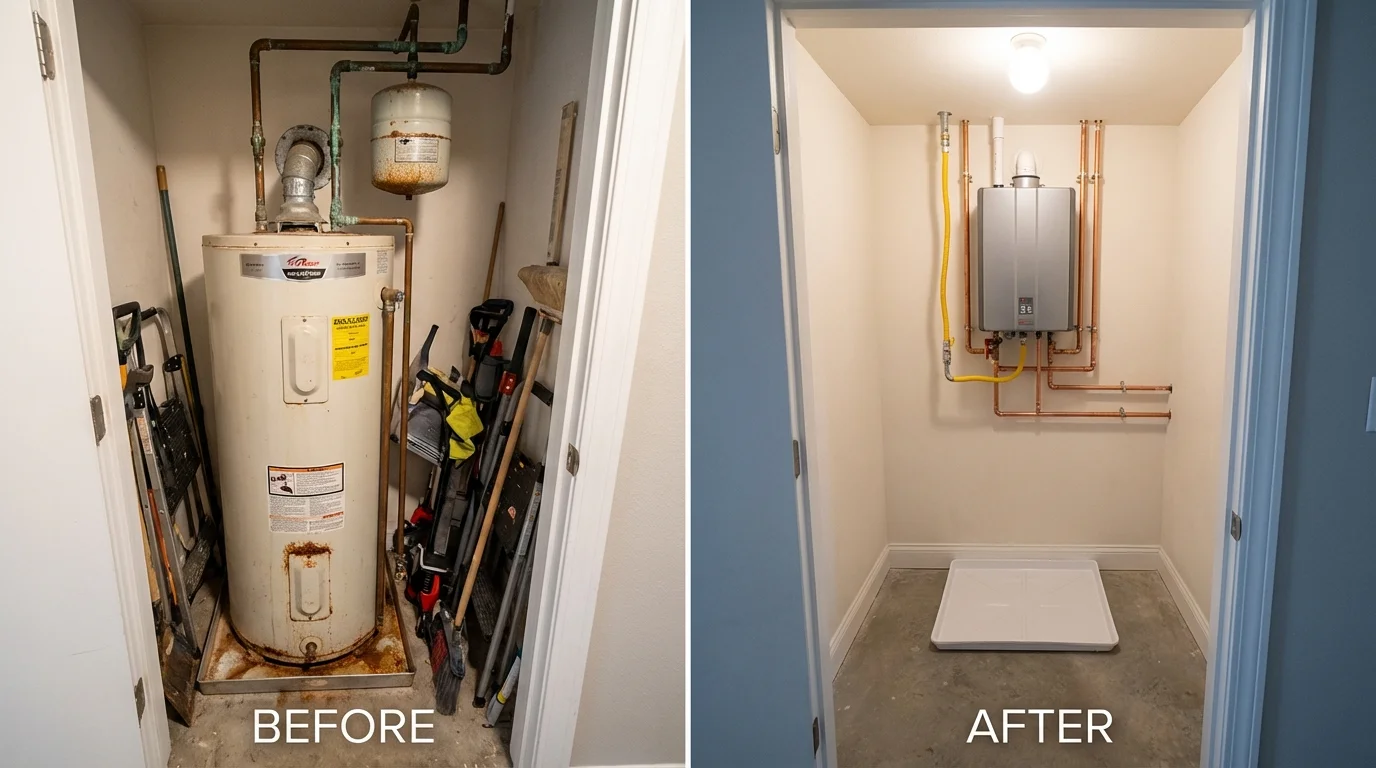 Tank water heater versus wall-mounted tankless unit comparison for Mapleton, IA homeowners