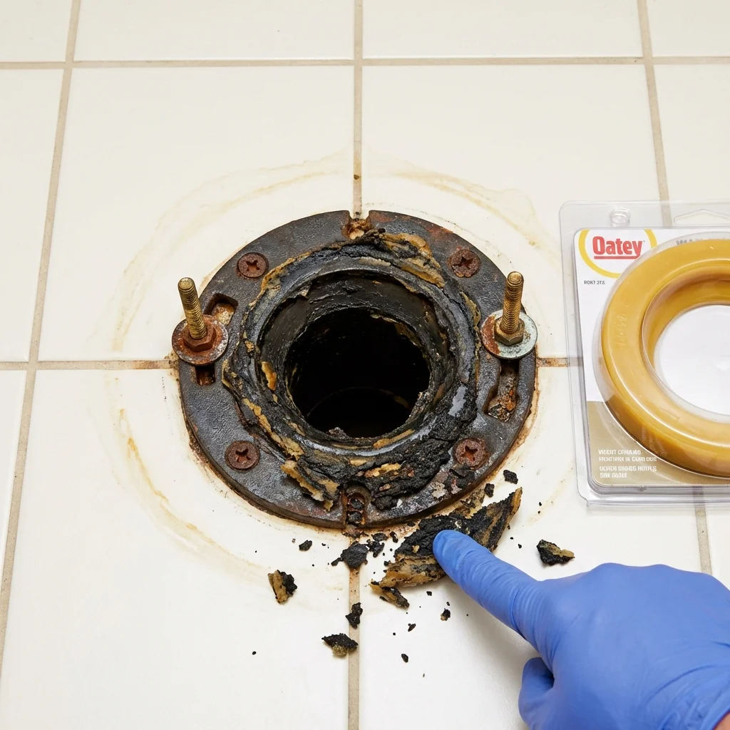 Failed wax ring showing water seepage at the base of a toilet in a Mapleton, IA home