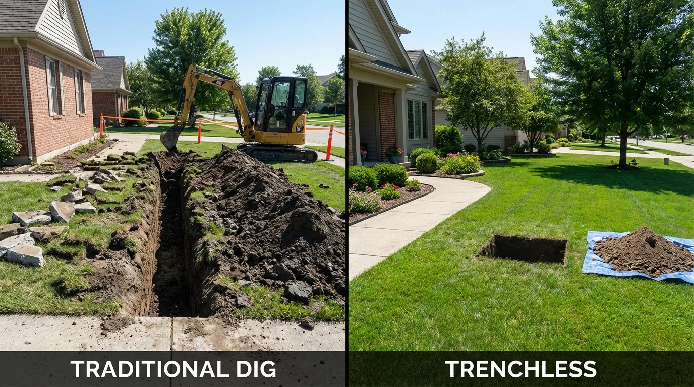 Trenchless sewer repair with minimal yard damage versus traditional excavation in Mapleton, IA