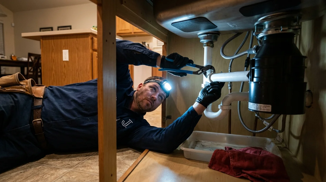 P-trap and supply line connections under a kitchen sink showing a common leak point in Mapleton, IA